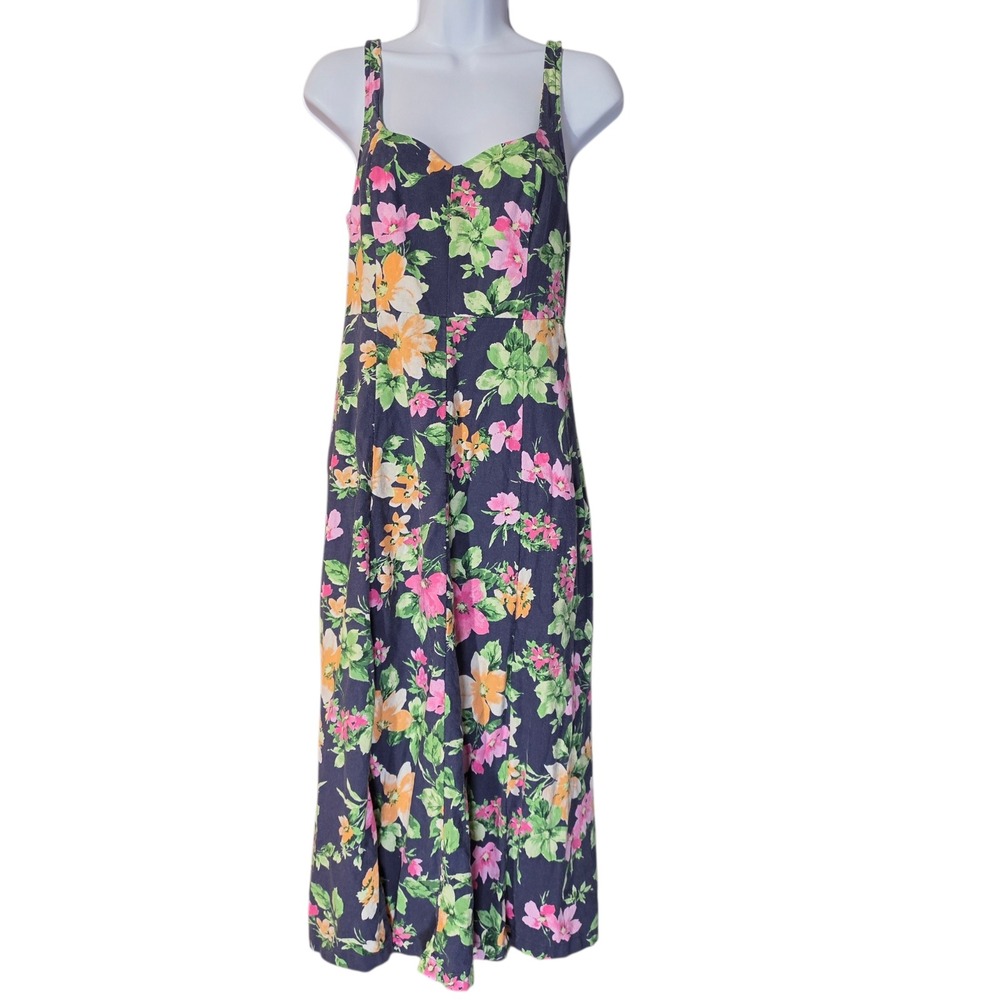 Old Navy Womens Small Midi Dress Navy Floral Linen Blend Pockets Smocked Back